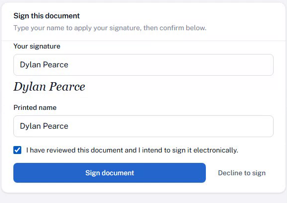 Genuine fictional HARLEDA client signing demonstration